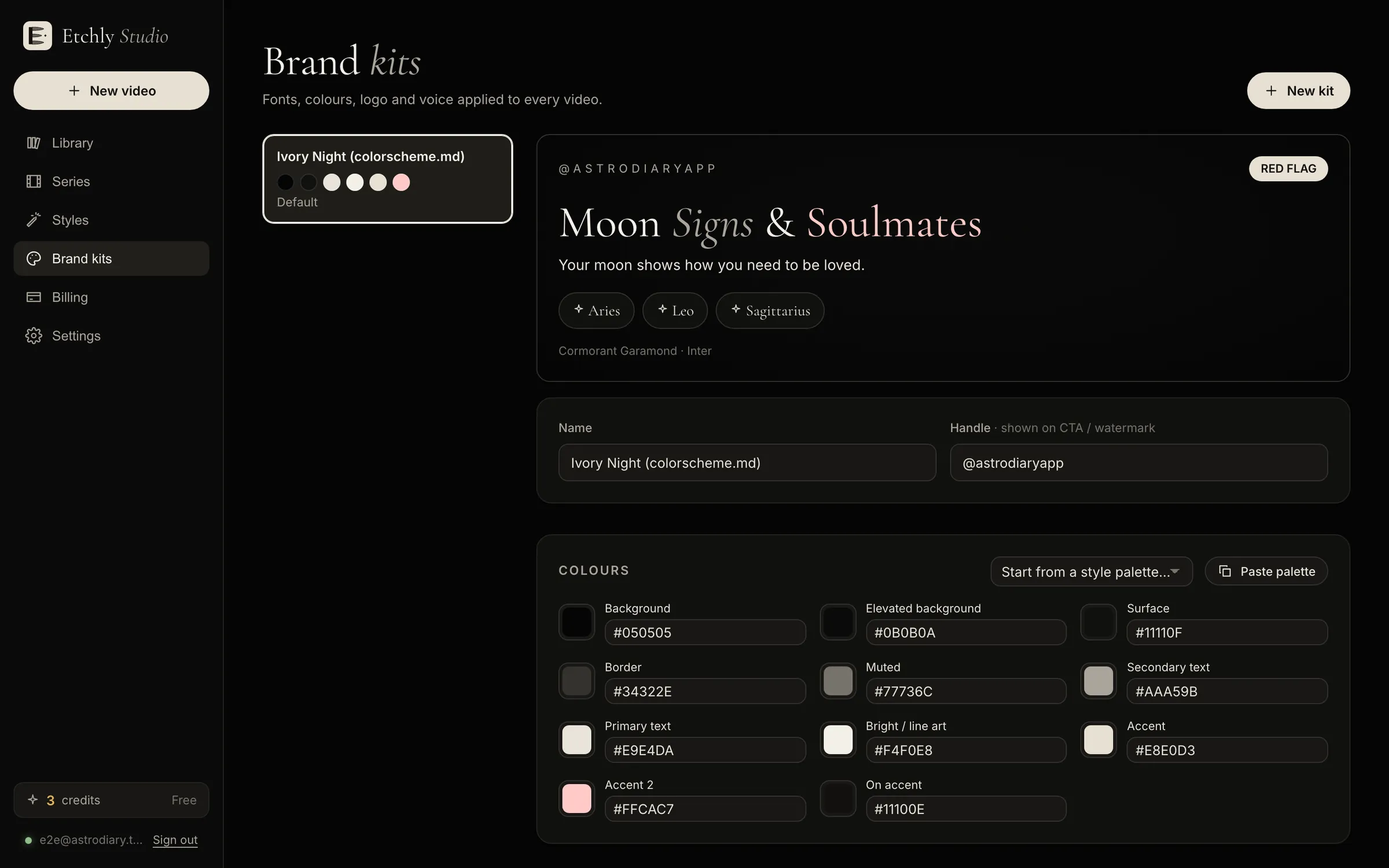 A brand kit with colors, fonts and preview