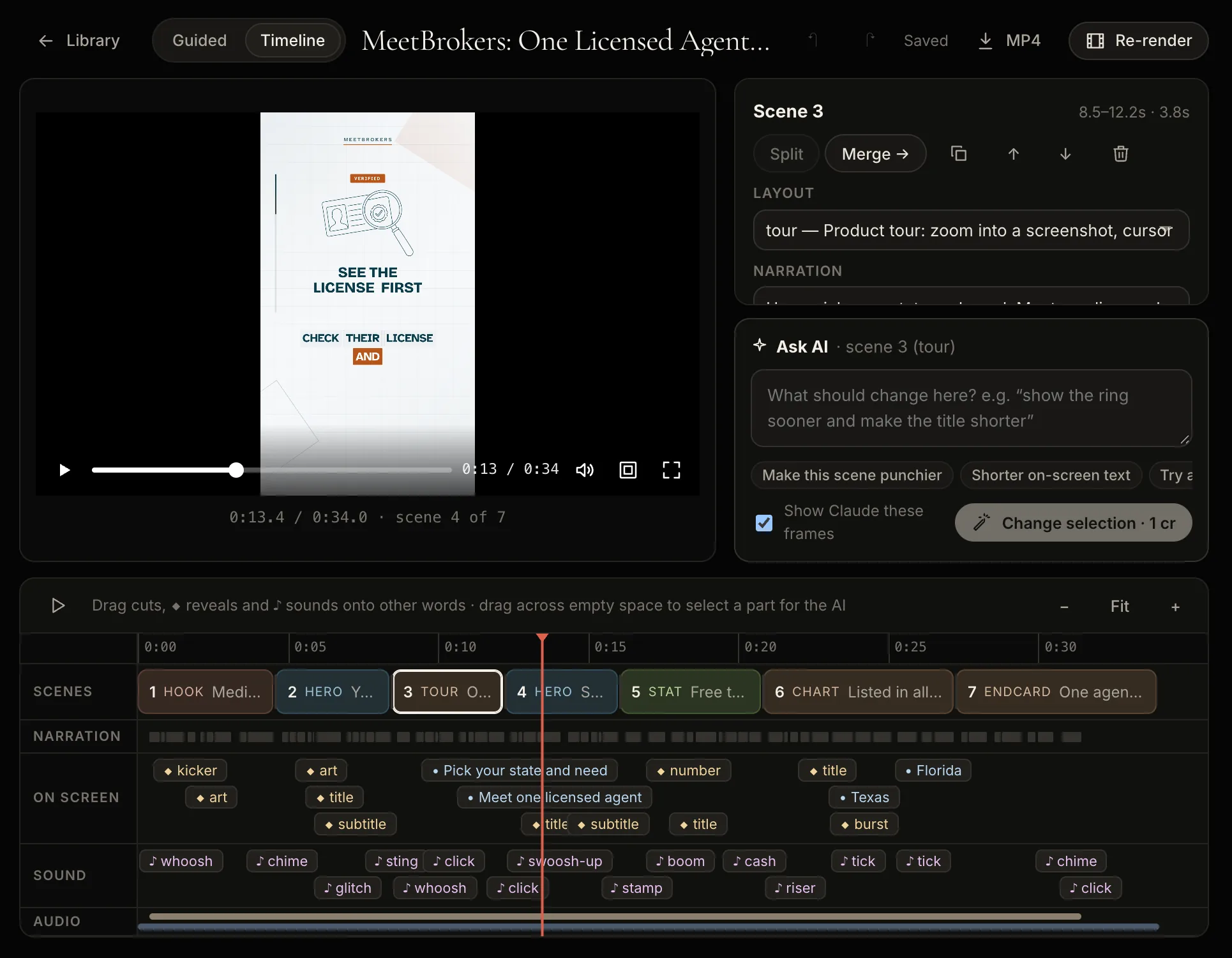 The Etchly timeline editor with scenes, reveals and sounds under the voiceover