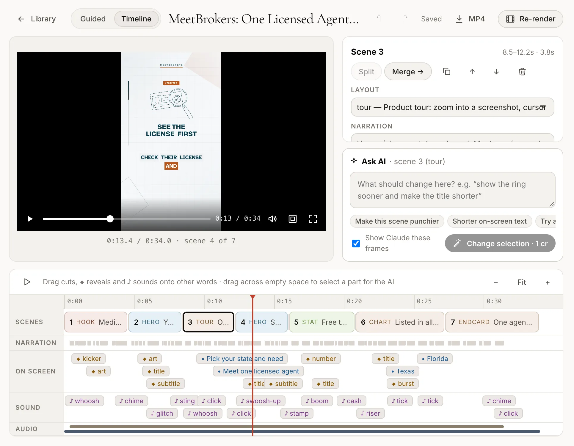 The Etchly timeline editor with scenes, reveals and sounds under the voiceover
