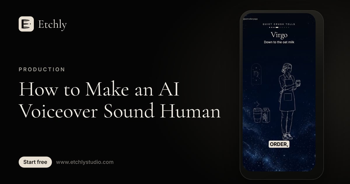 A cinematic illustrated video frame with word-timed captions highlighting each word as the AI narrator speaks