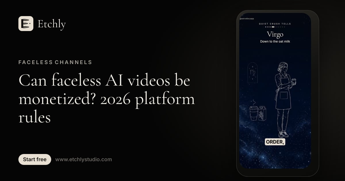 Illustrated video frame with burned-in captions, the kind of original faceless video platforms can monetize