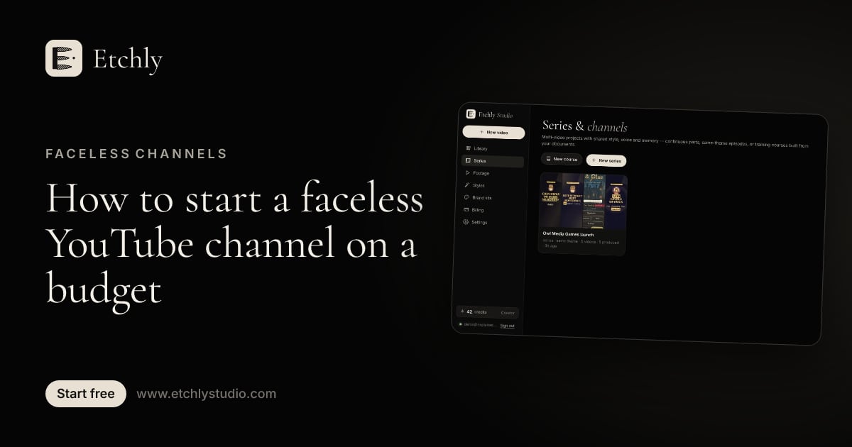 Etchly series planner showing a multi-episode plan for a faceless YouTube channel
