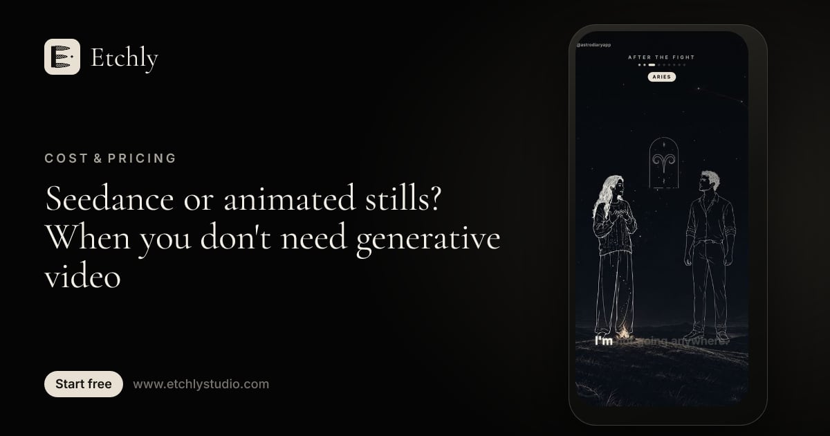 Cinematic etched illustration with camera depth, an example of animated stills instead of generative footage